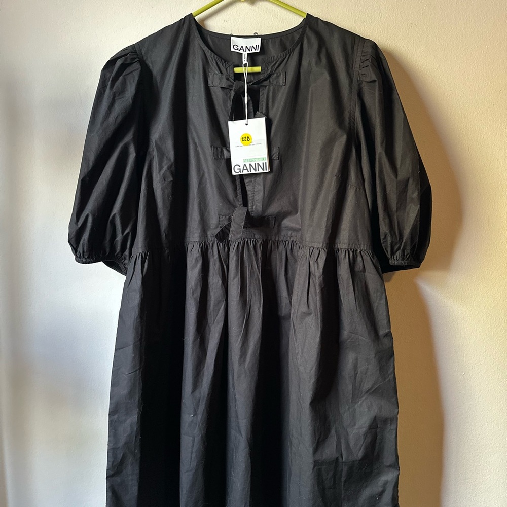 GANNI Black Poplin Puff Sleeve Dress